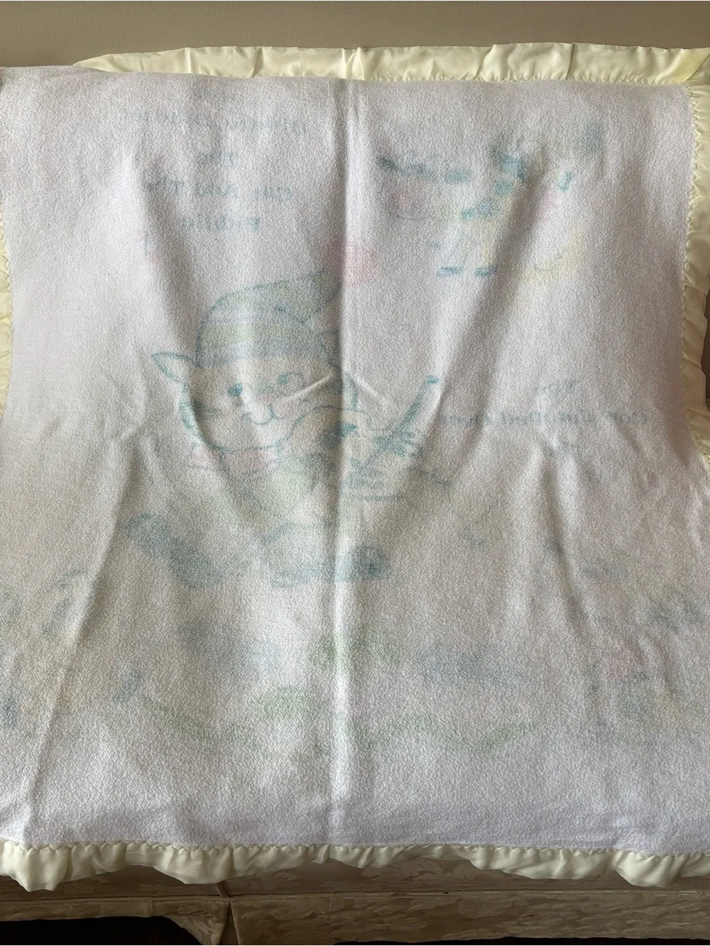 Vintage Nursery Rhyme Satin Trim Baby Blanket 44”x36”MCM